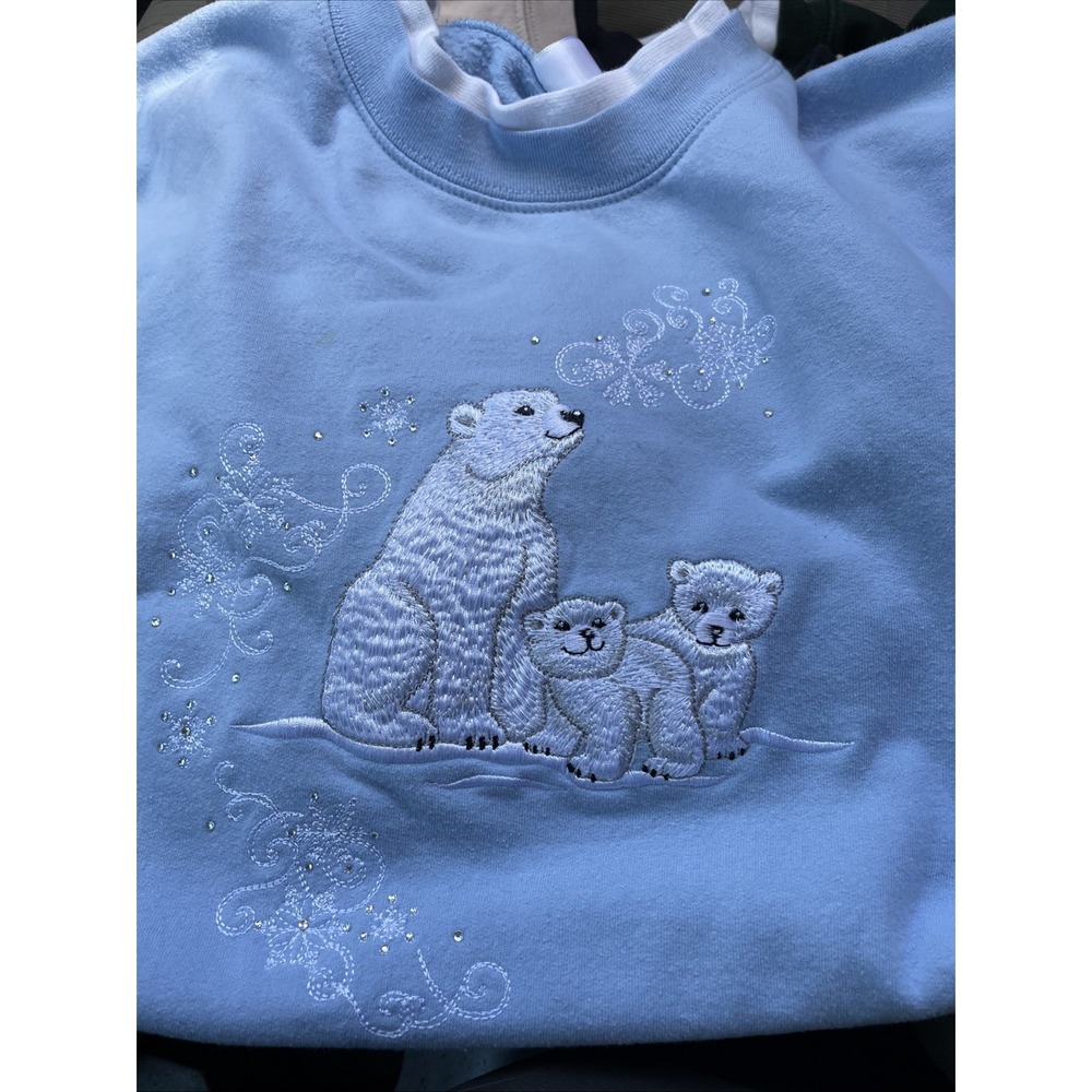 Morning Sun Blue Embroidered Polar Bears Novelty Crewneck Sweatshirt Sz 2XL